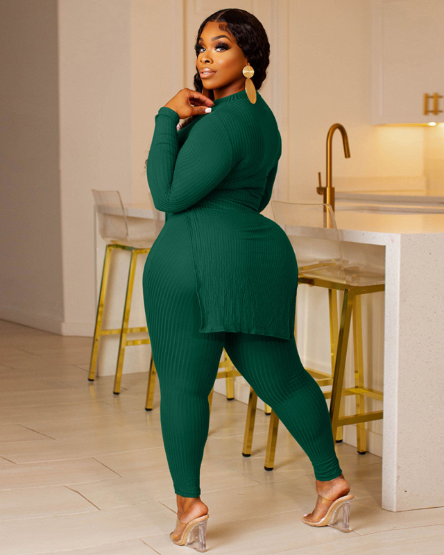Long Sleeve Knit Strappy Crew Neck Two Pieces Sets Black Green Brown S-3XL