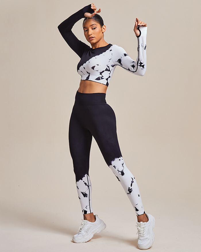 Seamless Long Sleeve Colorblock Sports Tops High Waist Pants Two Pieces Sets Black White S-L