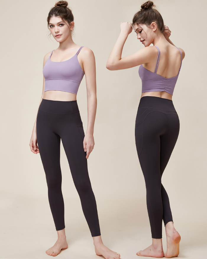 New Back Ruched Sports Bra High Waist Side Pocket Pants Two Piece Sets S-L