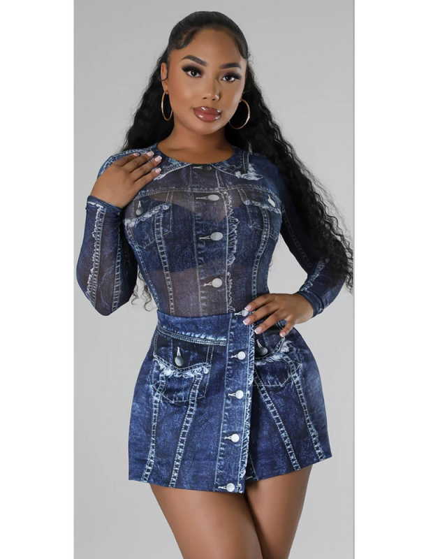 Mesh Digital Printed Cute Sexy Skirt Set Dress S-XL