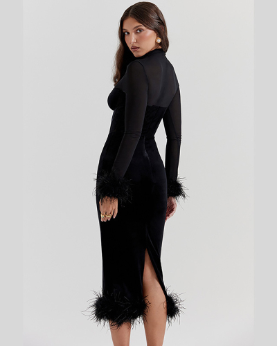 Black Velvet Women Long Fashion Elegant Dress S-XL
