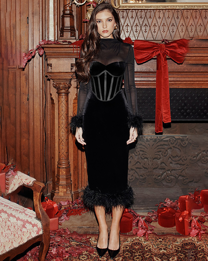 Black Velvet Women Long Fashion Elegant Dress S-XL