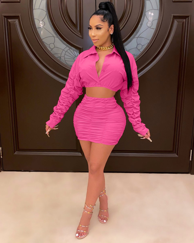 V-neck Cute Women Sexy Hot Long Sleeve Two Piece Skirt Set S-3XL