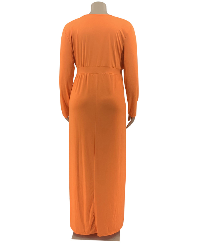 Women Long Sleeve High Slit V-Neck Plus Size Dresses White Orange Blue Gray XL-5XL