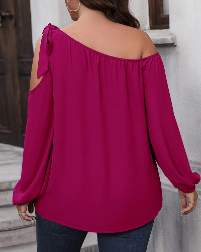 Women Long Sleeve Tie Slash Shoulder Plus Size Top T-shirt Rosy XL-3XL