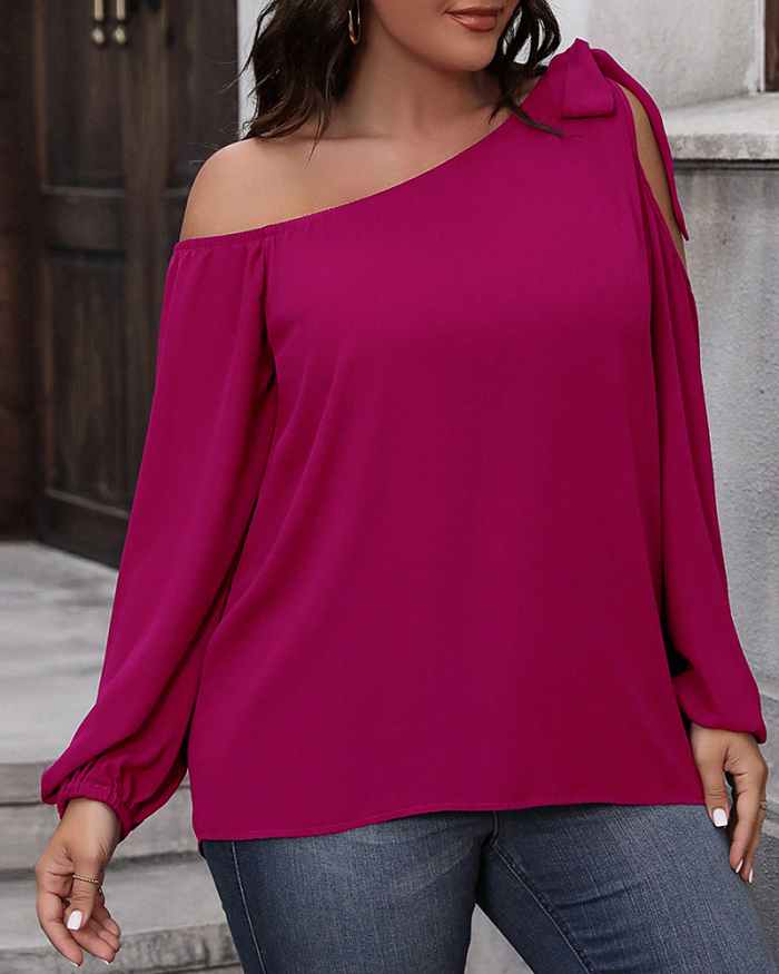 Women Long Sleeve Tie Slash Shoulder Plus Size Top T-shirt Rosy XL-3XL