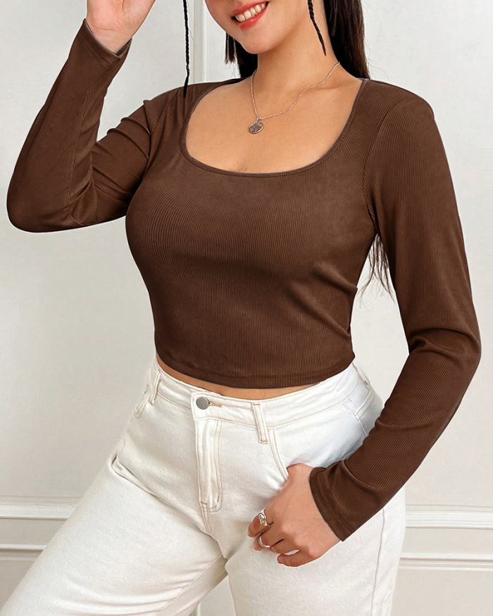 Women Elegant U Neck Long Sleeve Solid Color Plus Size Top Slim Basic Sweater Black Pink Brown XL-3XL