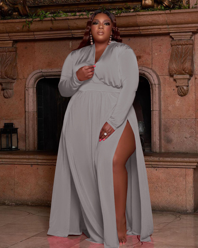 Women Long Sleeve High Slit V-Neck Plus Size Dresses White Orange Blue Gray XL-5XL