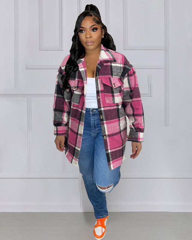 Women Lapel Long Sleeve Loose Plaid Shirt Woolen Jacket Plus Size Top S-3XL
