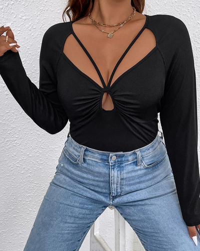 Women Knit Strappy Ruched Hollow Out Sexy T-shirt Plus Size Top Black Blue XL-3XL