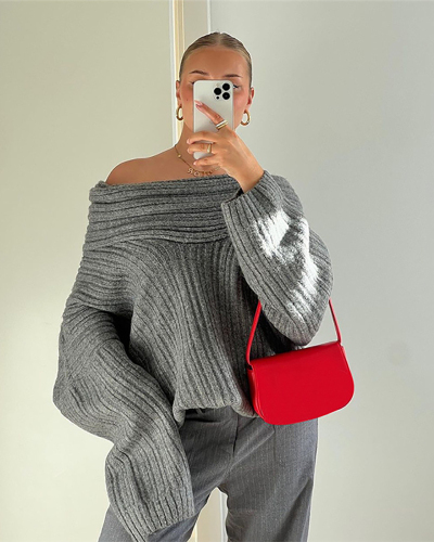 Grey Off Shoulder Women Wholesale Sweater Tops S-L