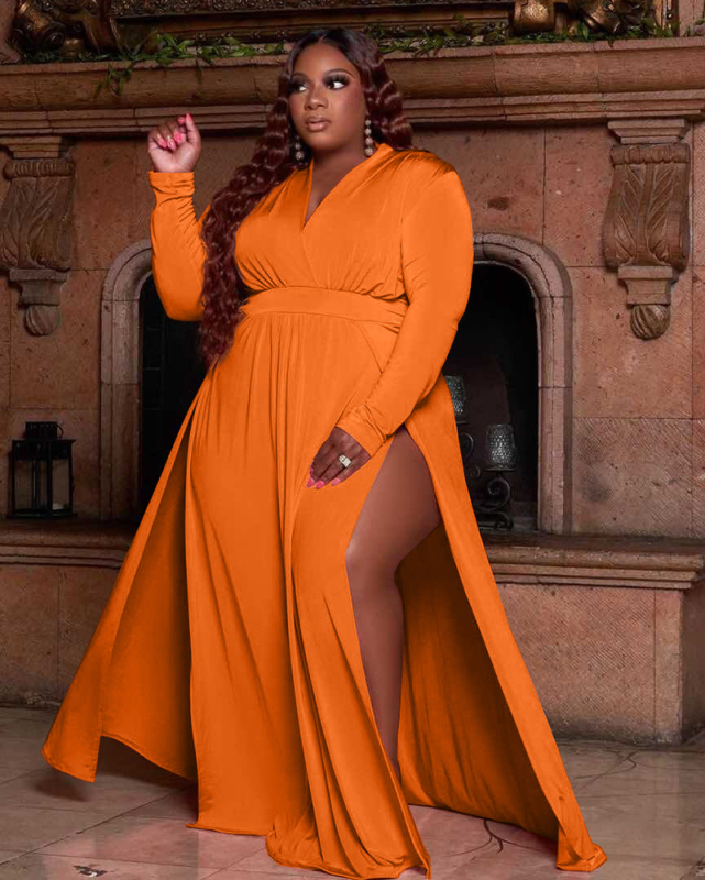 Women Long Sleeve High Slit V-Neck Plus Size Dresses White Orange Blue Gray XL-5XL