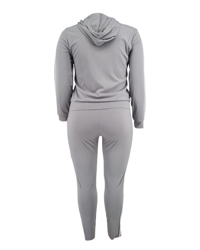 Women Long Sleeve Sports Printed Hoodied Fashion Plus Size Two Piece Sets Gray Black Yellow XL-5XL