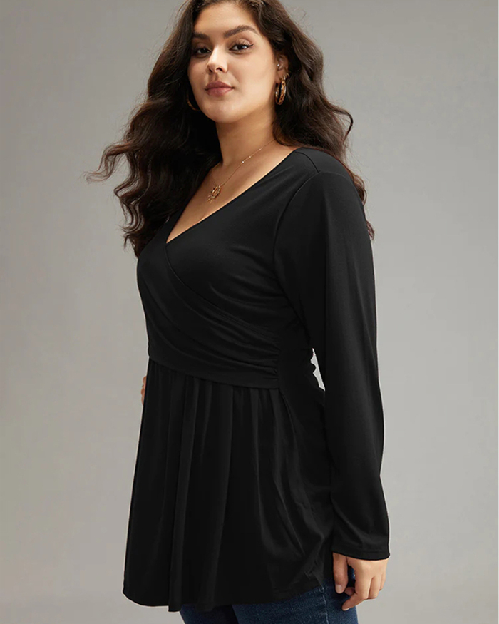 Women Long Sleeve Sexy V Neck Solid Color Casual Rufflers Hem Plus Size Top T-shirt Black XL-3XL