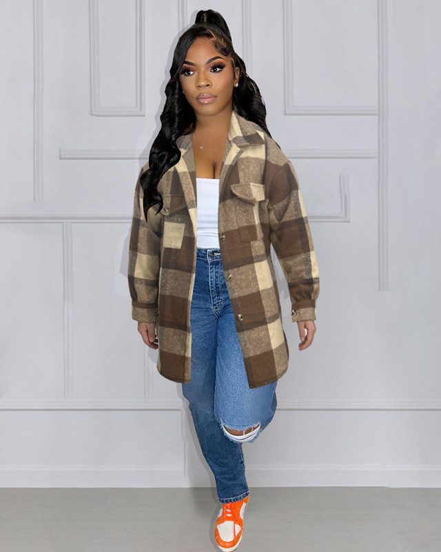 Women Lapel Long Sleeve Loose Plaid Shirt Woolen Jacket Plus Size Top S-3XL