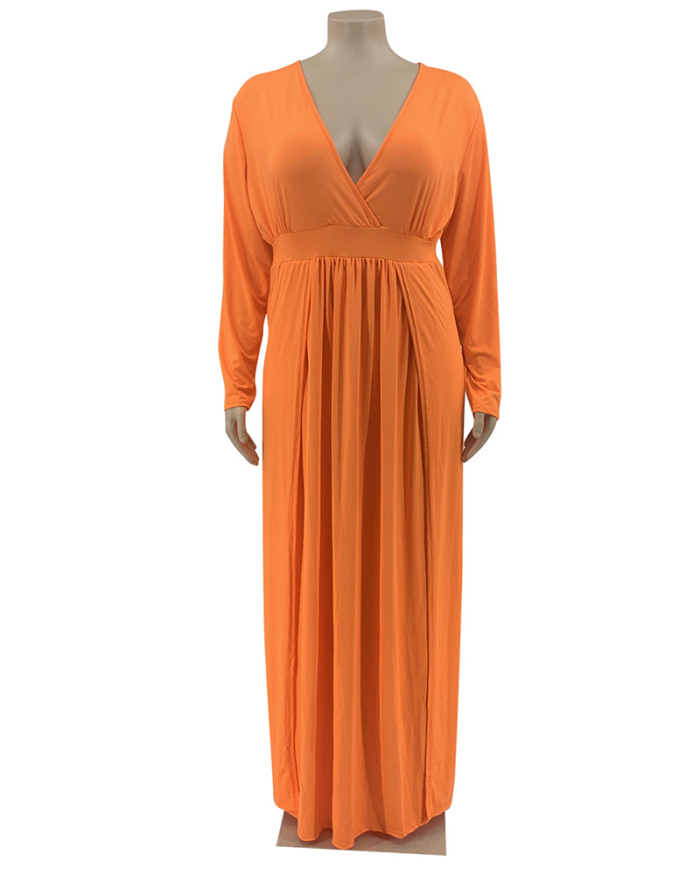 Women Long Sleeve High Slit V-Neck Plus Size Dresses White Orange Blue Gray XL-5XL