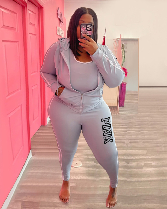 Women Long Sleeve Sports Printed Hoodied Fashion Plus Size Two Piece Sets Gray Black Yellow XL-5XL
