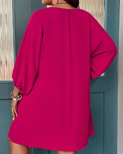 Long Sleeve V Neck Solid Color Loose Casual Women Plus Size Dresses Rosy XL-3XL