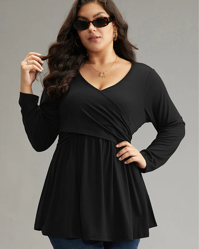 Women Long Sleeve Sexy V Neck Solid Color Casual Rufflers Hem Plus Size Top T-shirt Black XL-3XL