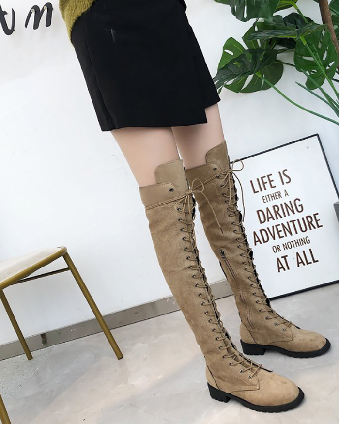 Women's Chunky Low Heel Over The Knee Boots, Solid Color Lace Up Shoes, Comfort Round Toe Shoes