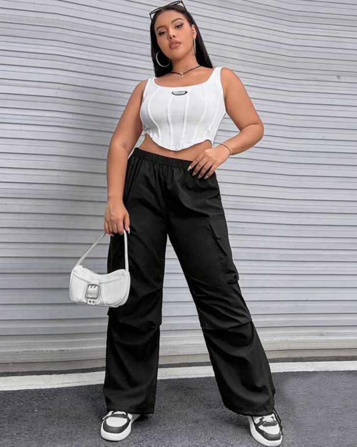 New Solid Color Big Pocket Women Plus Size Bottoms Black XL-3XL