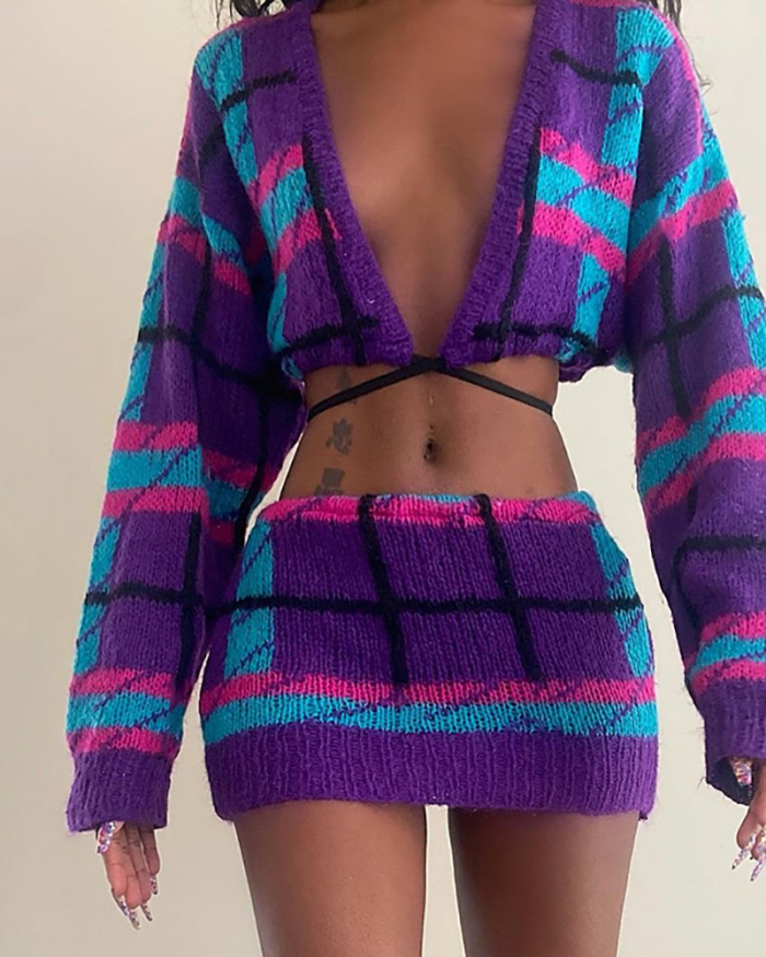 Purple Women Knitted Sweater Two Piece Set Dress