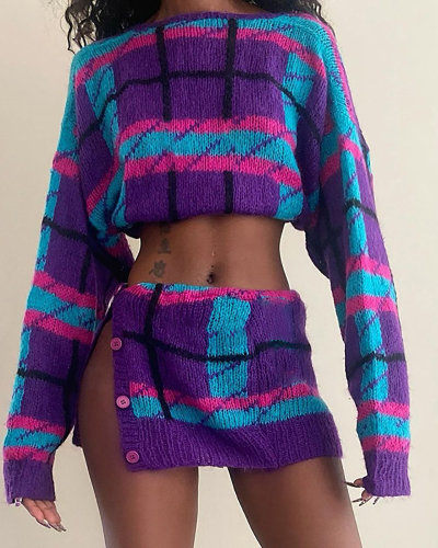 Purple Women Knitted Sweater Two Piece Set Dress