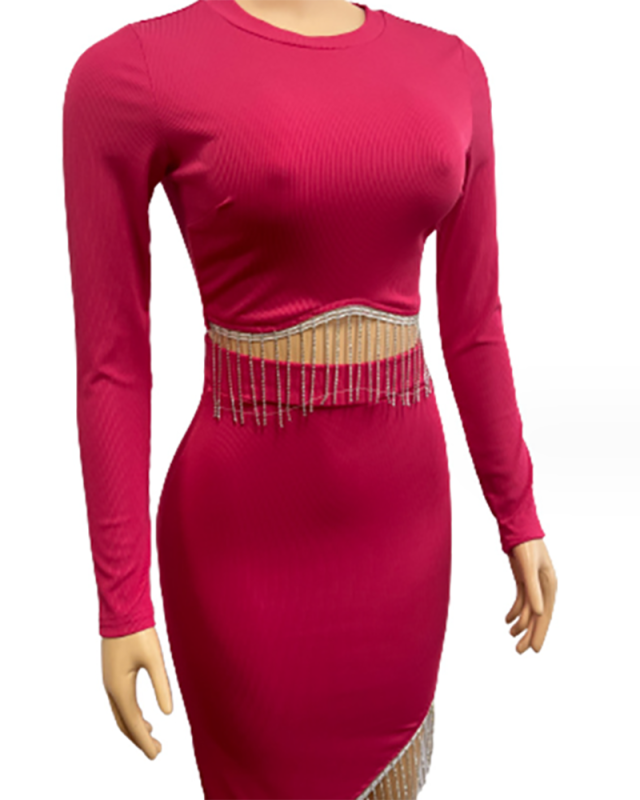 Fringe Women Long Sleeve Two Piece Skirt Set S-L