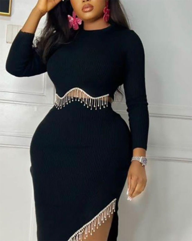 Fringe Women Long Sleeve Two Piece Skirt Set S-L