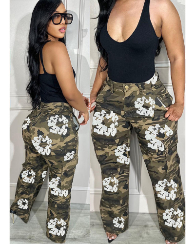 Camo Printed Women Wide Leg Cargo Pants S-XL