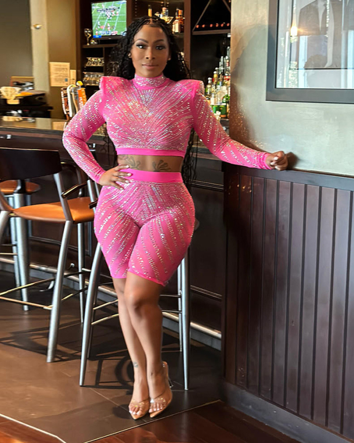 Long Sleeve Sequin Party Two Piece Short Set S-XXL