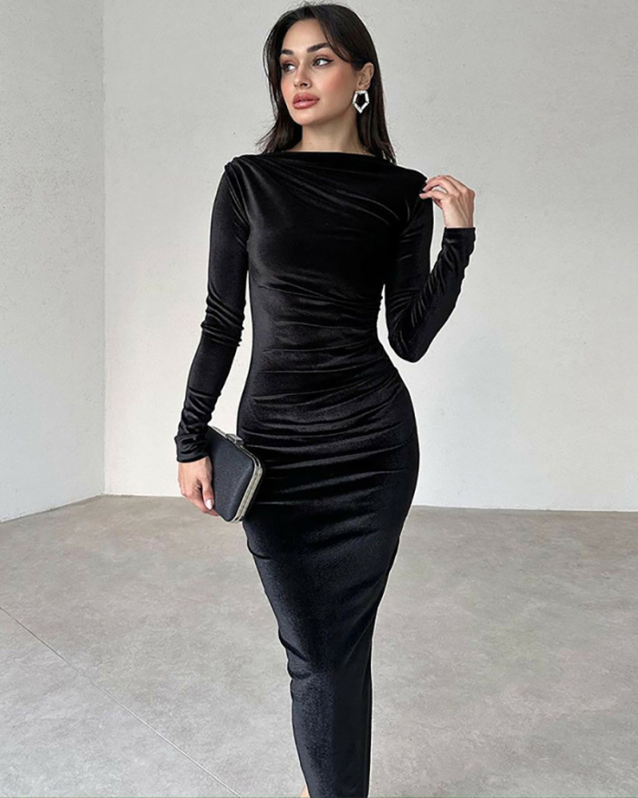 Long Sleeve Velvet Wholesale Long Elegant Dress Midi Dress S-L