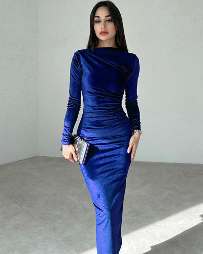 Long Sleeve Velvet Wholesale Long Elegant Dress Midi Dress S-L