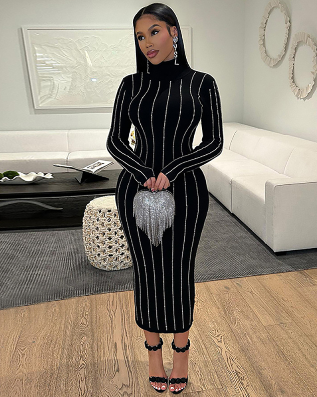 Black Women High Neck Sequin Long Dress S-L