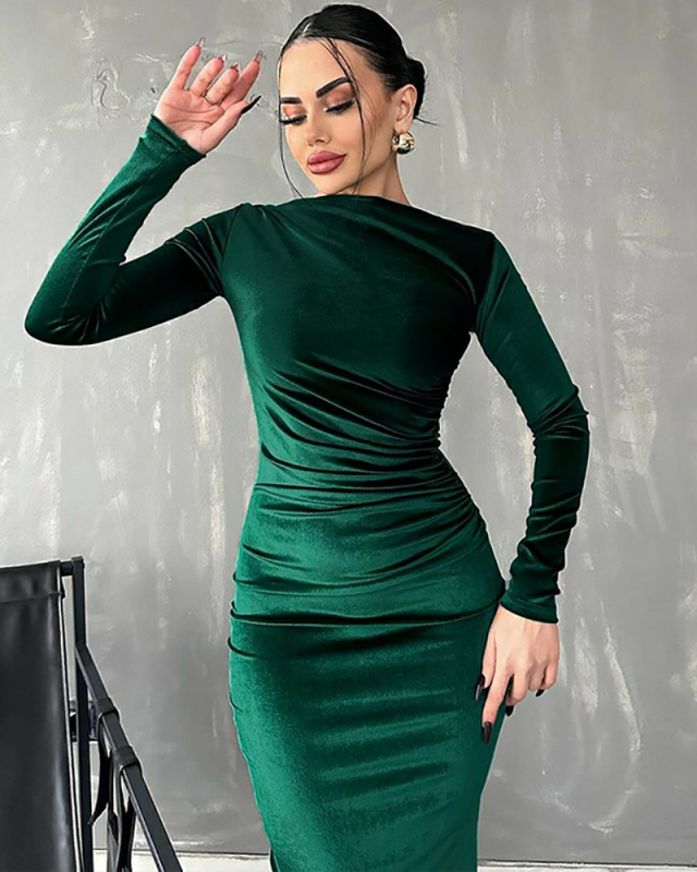 Long Sleeve Velvet Wholesale Long Elegant Dress Midi Dress S-L