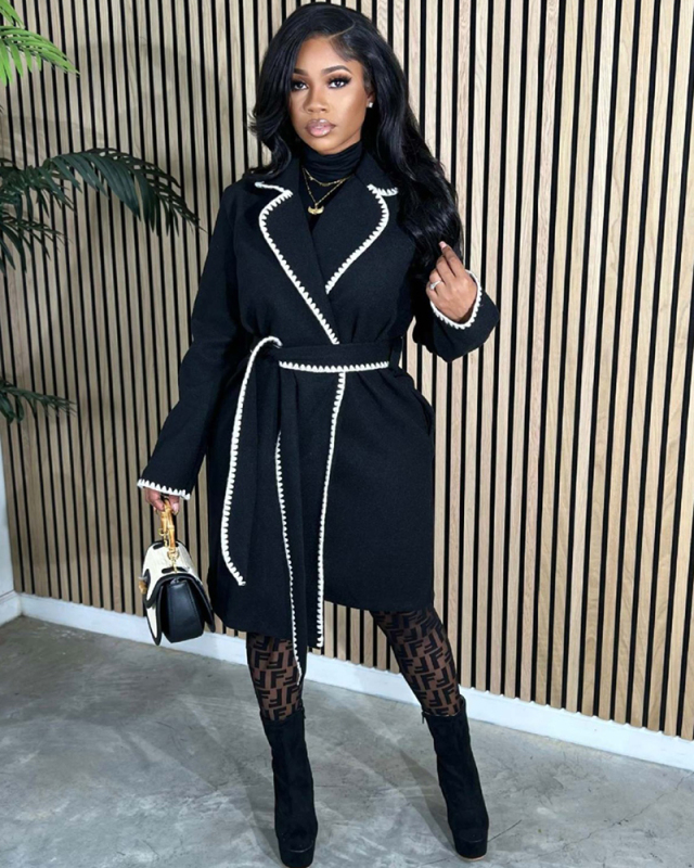 Tweed Long Sleeve Woven Lapel Long Coat Loose Trench Coat Jacket
