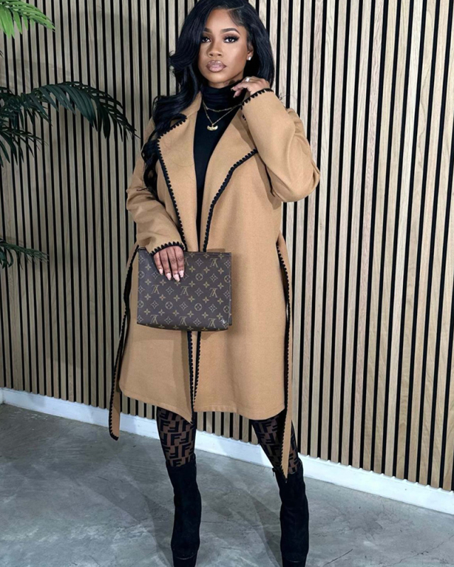 Tweed Long Sleeve Woven Lapel Long Coat Loose Trench Coat Jacket