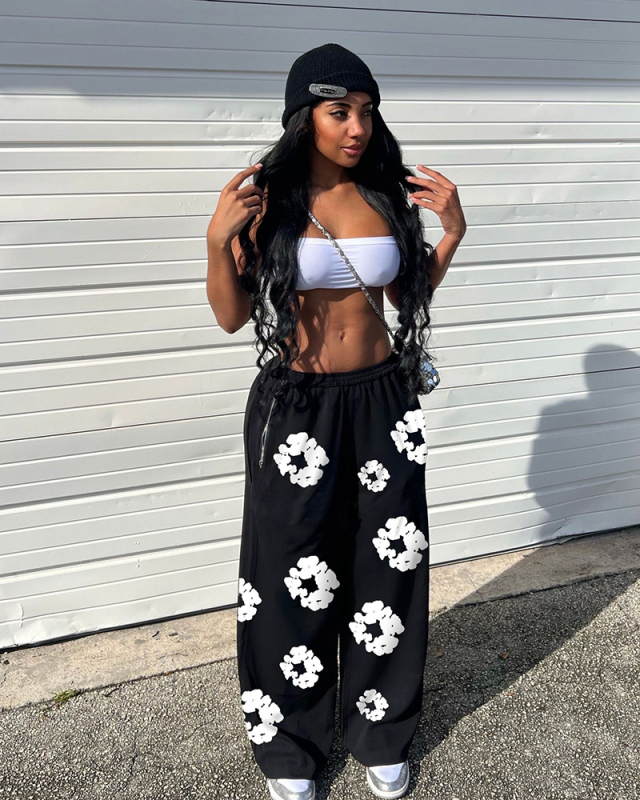 Black Printed Wide Leg Women Pants S-2XL