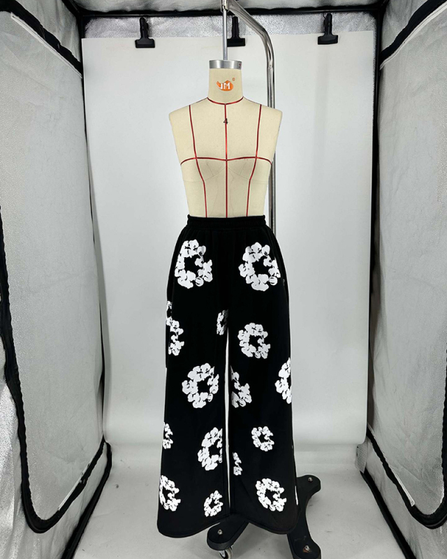 Black Printed Wide Leg Women Pants S-2XL