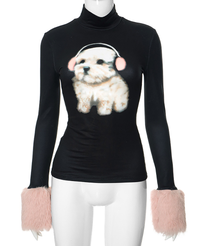 Black Cute Dog Printed Women Fur Sleeve T Shirt S-L