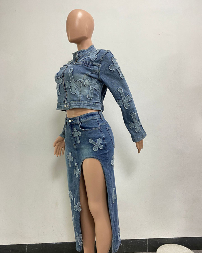 High Quality Women Jean Two Piece Skirt Set S-XXL