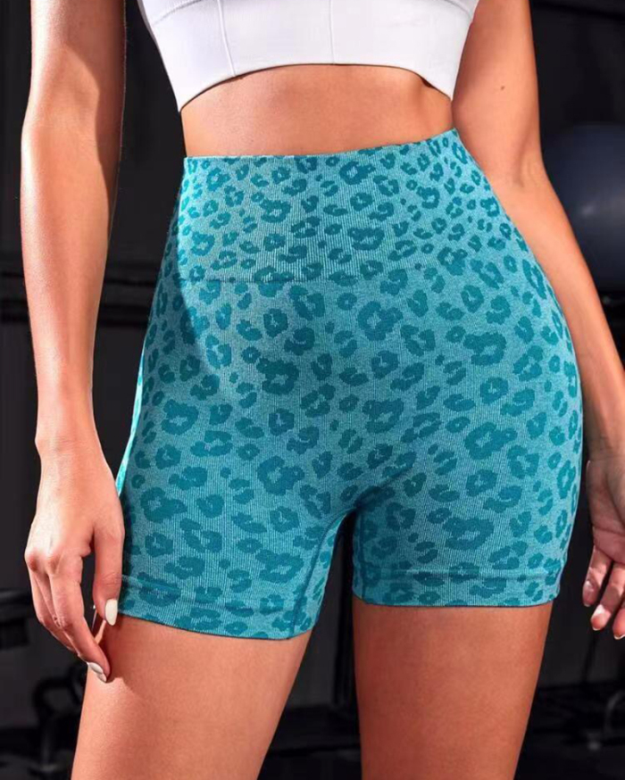 Leopard Printed Hips Lift High Waist Sports Shorts S-L