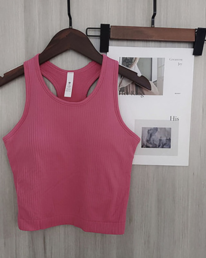 Women Sleeveless Solid Color Yoga Sports Vest With Pad S-L
