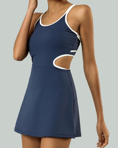 Women Sports Tennis Hollow Put Criss Cross Back Lined Tennis Dress Skirt S-L