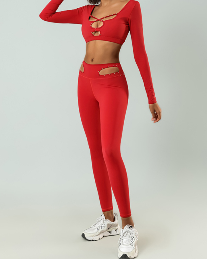 Women Long Sleeve Hollow Out Sexy Yoga Two-piece Set S-XL