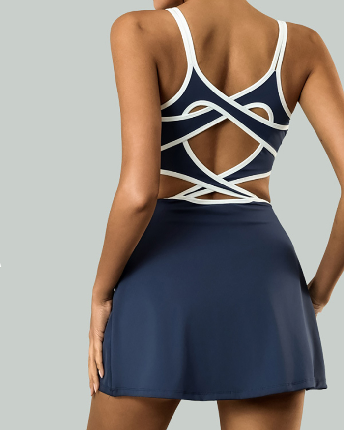 Women Sports Tennis Hollow Put Criss Cross Back Lined Tennis Dress Skirt S-L