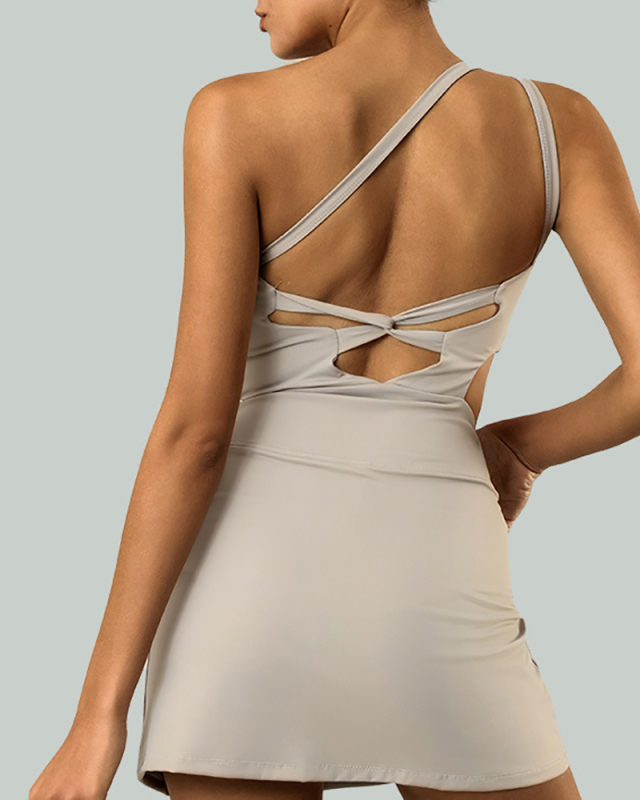 Woman One Shoulder Slack Neck Cirss Cross Back Sexy Running Tennis Dress S-L