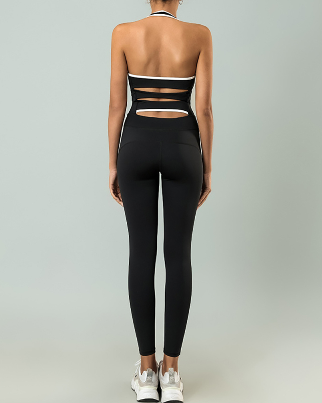 Women Sports Fitness Sleeveless Back Hollow Out Halter Neck With Pad Jumpsuit S-L