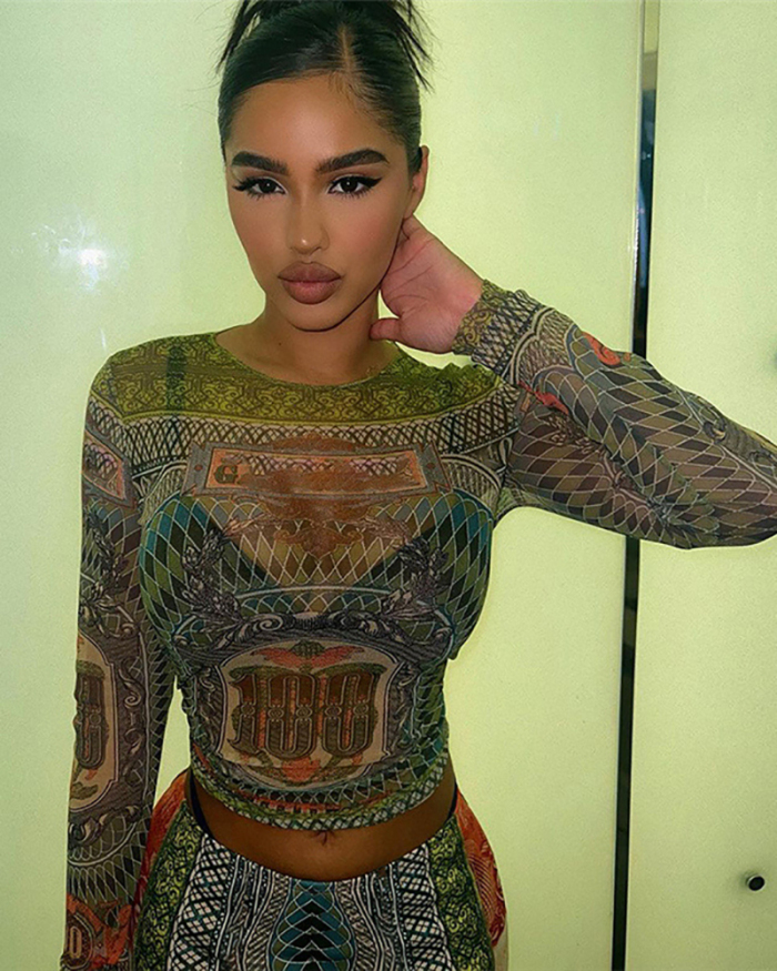 Mesh Long Sleeve Sexy See Through Two Piece Sets Green S-L