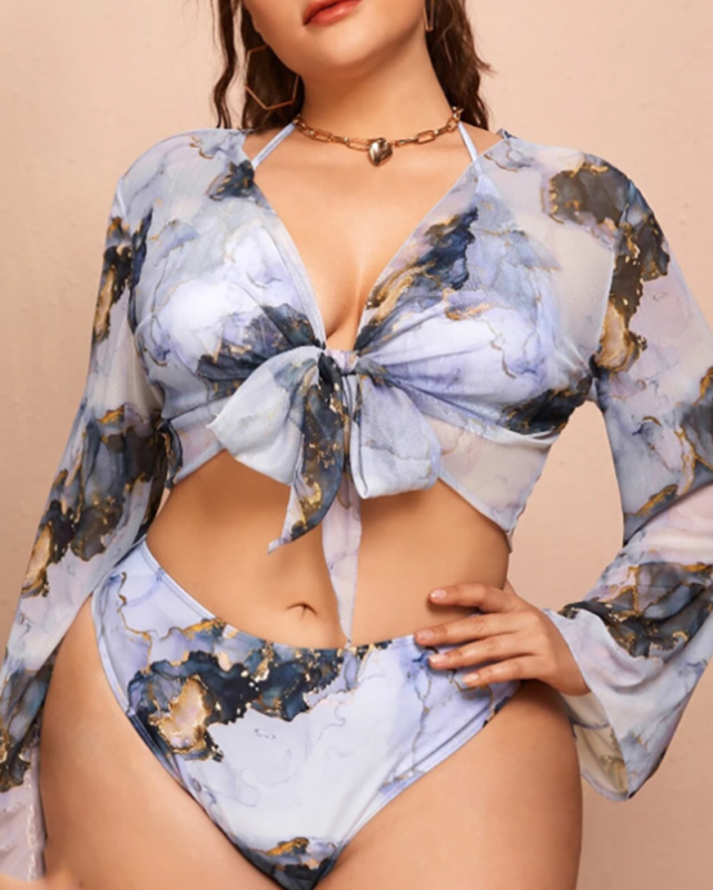 Sexy Long Sleeve Tie Dye Gray Plus Size Three Pieces Set L-4XL